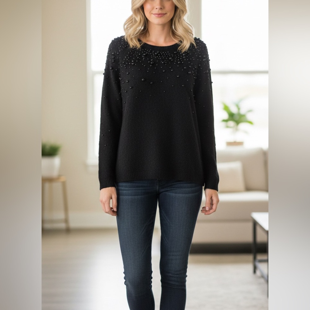 🖤 Susan Bristol Black Sweater Pullover Black Pearl Beads 🖤